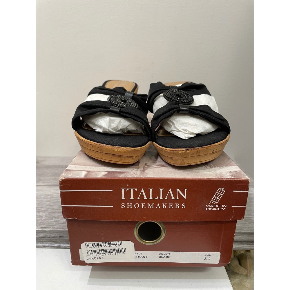Italian Shoemakers Bethany Black Wedge Sandals‎ Beaded Bow Cork Slides 8.5 NIB